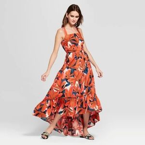 Who What Wear Ruffle Hem Maxi Dress XS Floral Autumn Red Orange EUC